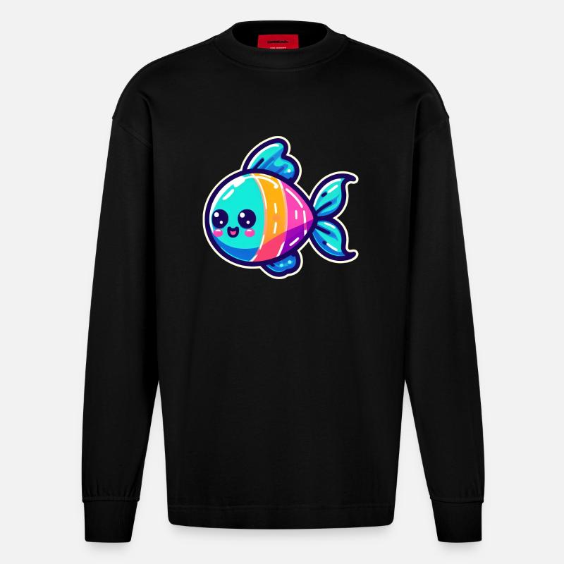 Conception de poisson arc-en-ciel - Manches longues bio épais oversize fabriqué en UE - SOLID BLACK