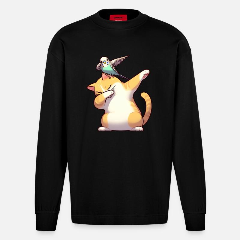 Chat et perruche dabbing mignon - Manches longues bio épais oversize fabriqué en UE - SOLID BLACK