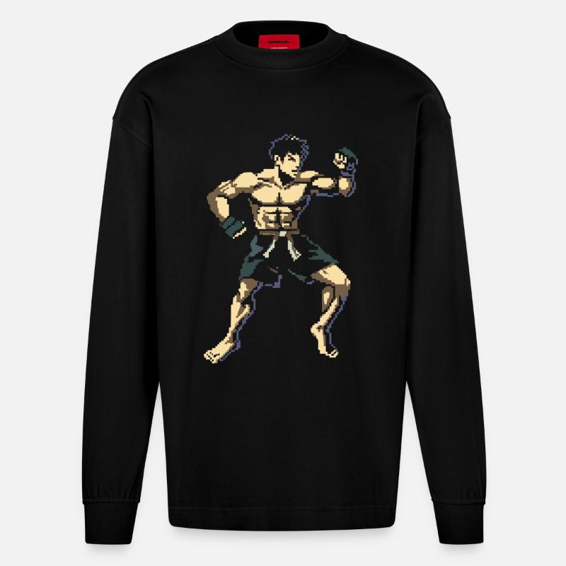 Kickboxer Pixel Grafik - Heavyweight Oversized Organic Langarmshirt Made in EU - SOLID BLACK