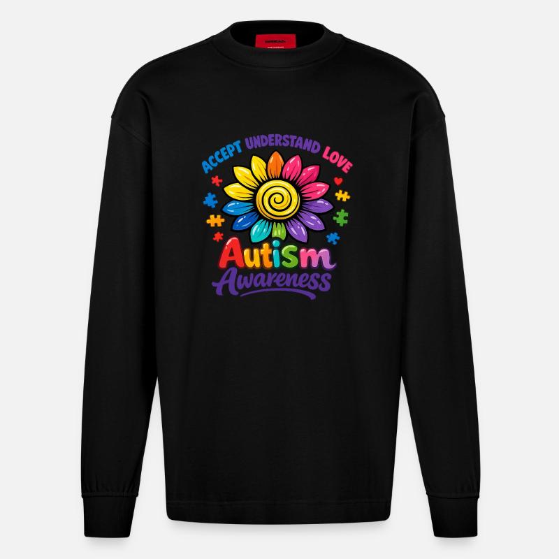 Autismus-Bewusstsein-Sonnenblume - Heavyweight Oversized Organic Langarmshirt Made in EU - SOLID BLACK