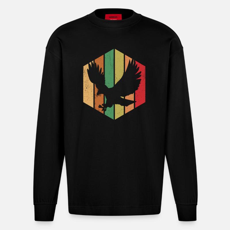 Vogel Retro Grafik - Heavyweight Oversized Organic Langarmshirt Made in EU - SOLID BLACK