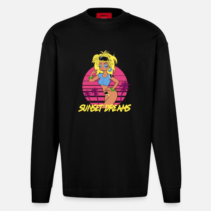 Sunset Dreams Pinup Blue - Heavyweight Oversized Organic Langarmshirt Made in EU - SOLID BLACK