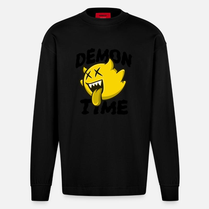 Demon Time - Gelber Geist - Heavyweight Oversized Organic Langarmshirt Made in EU - SOLID BLACK