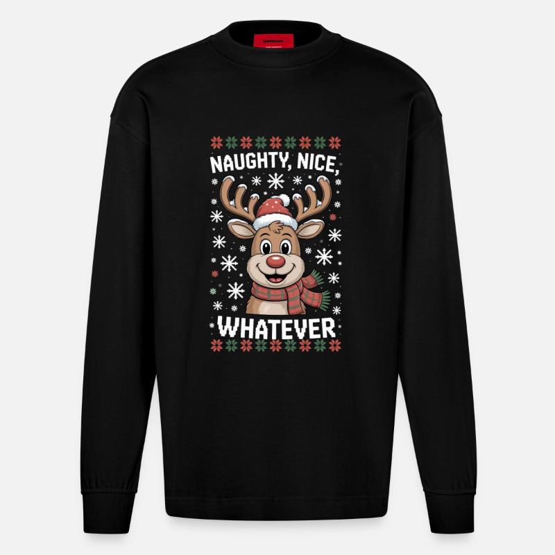 Naughty Nice Whatever Rentier - Heavyweight Oversized Organic Langarmshirt Made in EU - SOLID BLACK