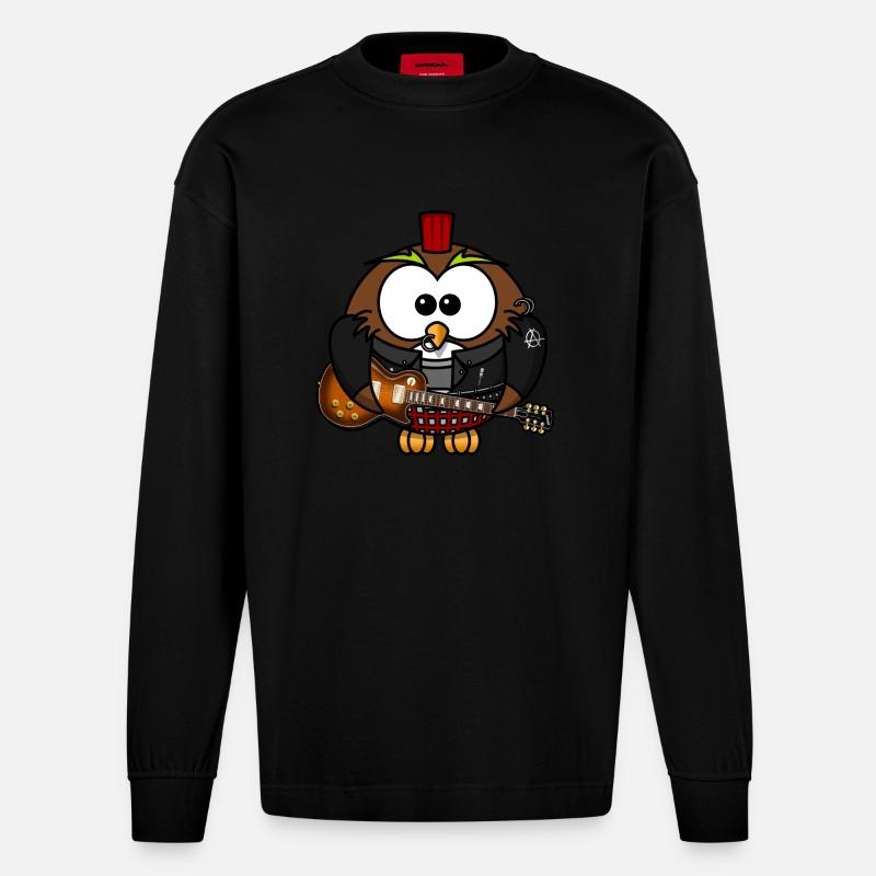 Eule als Punk mit Gitarre - Heavyweight Oversized Organic Langarmshirt Made in EU - SOLID BLACK