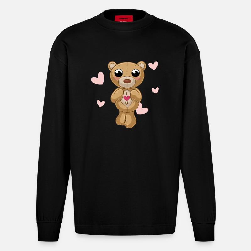 Putziger Comic Teddybär - Heavyweight Oversized Organic Langarmshirt Made in EU - SOLID BLACK