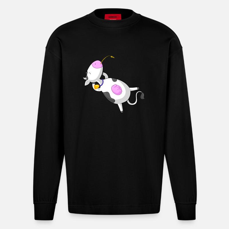 Entspannte Comic Kuh - Heavyweight Oversized Organic Langarmshirt Made in EU - SOLID BLACK