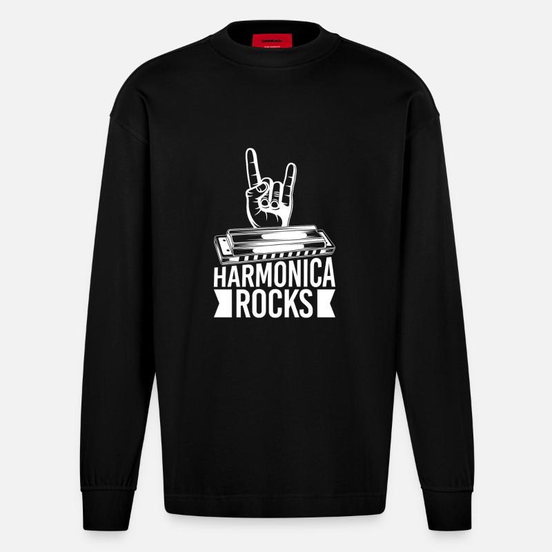 Harmonica Musican Rocks Harmonica - Heavyweight Oversized Organic Longsleeve Shirt Made in EU - SOLID BLACK