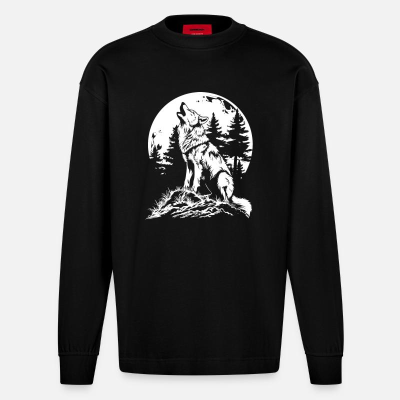 Wolf Mond Wald - Heavyweight Oversized Organic Langarmshirt Made in EU - SOLID BLACK