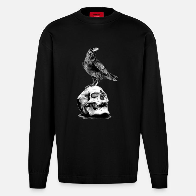 Skull mit Krähe - Heavyweight Oversized Organic Langarmshirt Made in EU - SOLID BLACK