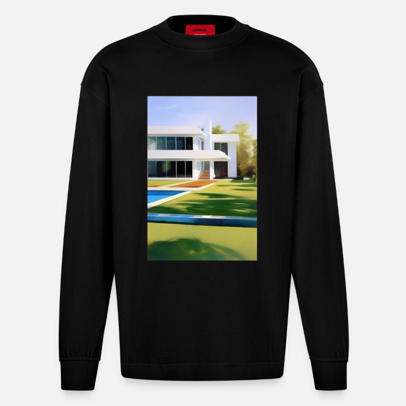 Weiße Villa mit Pool - Heavyweight Oversized Organic Langarmshirt Made in EU - SOLID BLACK