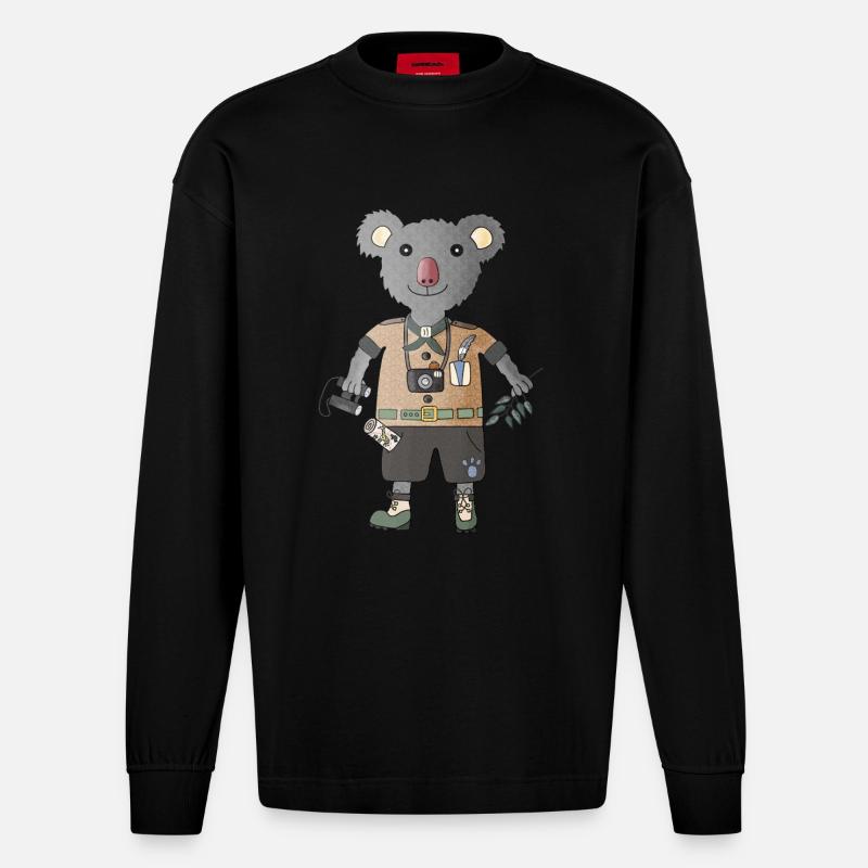 Koala Explorer Safari mit Eukalyptus - Heavyweight Oversized Organic Langarmshirt Made in EU - SOLID BLACK