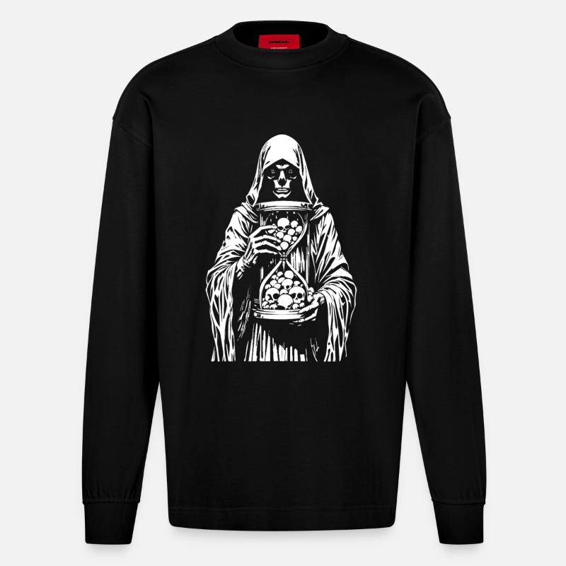 Sensenmann mit Schädeln - Heavyweight Oversized Organic Langarmshirt Made in EU - SOLID BLACK