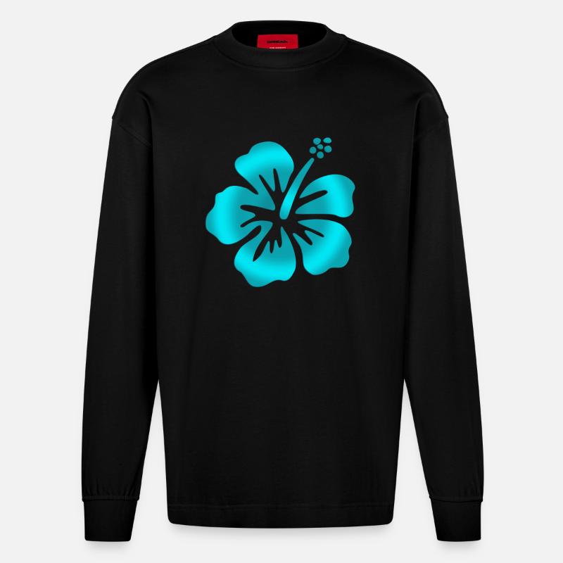 Hibiscus Türkis - Heavyweight Oversized Organic Langarmshirt Made in EU - SOLID BLACK