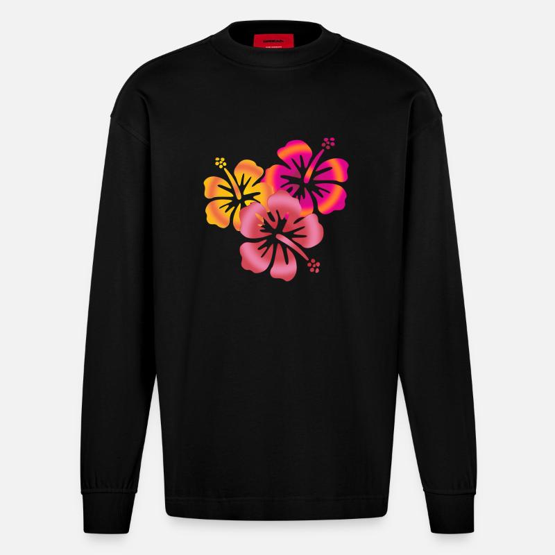 BALI fleurs d'hibiscus - Manches longues bio épais oversize fabriqué en UE - SOLID BLACK