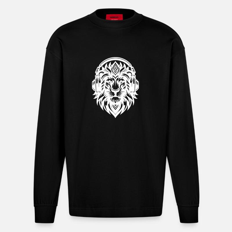 Grimmiger Löwe mit Kopfhörer - Heavyweight Oversized Organic Langarmshirt Made in EU - SOLID BLACK