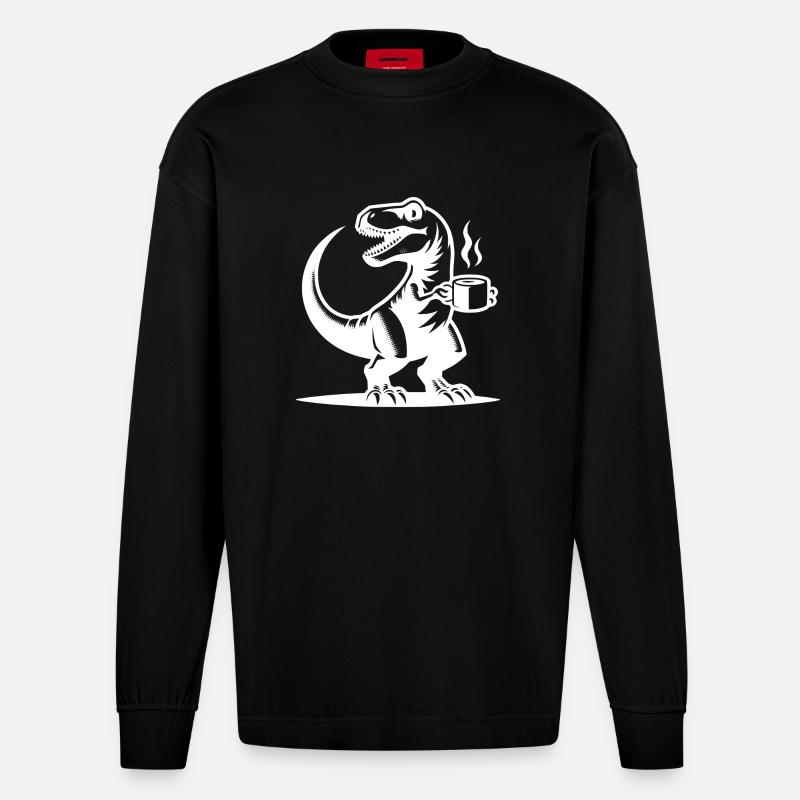 Morgenmuffel Dinosaurier mit Kaffeetasse - Heavyweight Oversized Organic Langarmshirt Made in EU - SOLID BLACK