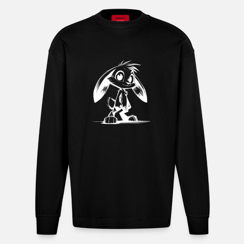 Lapin mignon avec de grands yeux et de longues oreilles - Manches longues bio épais oversize fabriqué en UE - SOLID BLACK