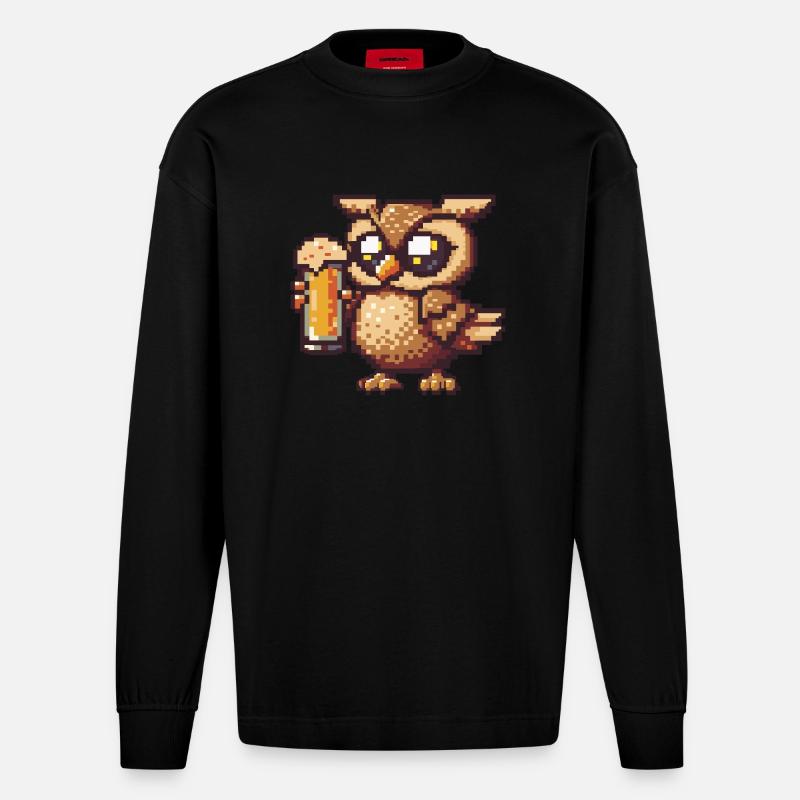 Eule Pixel Bier - Heavyweight Oversized Organic Langarmshirt Made in EU - SOLID BLACK