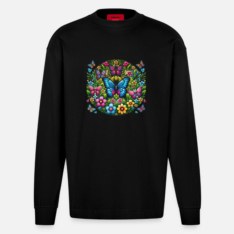 Schmetterlinge 2 - Heavyweight Oversized Organic Langarmshirt Made in EU - SOLID BLACK