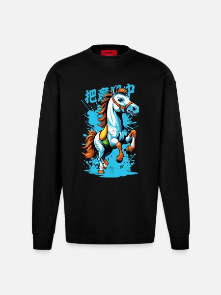 Wildpferd in Bunt - Heavyweight Oversized Organic Langarmshirt Made in EU - SOLID BLACK