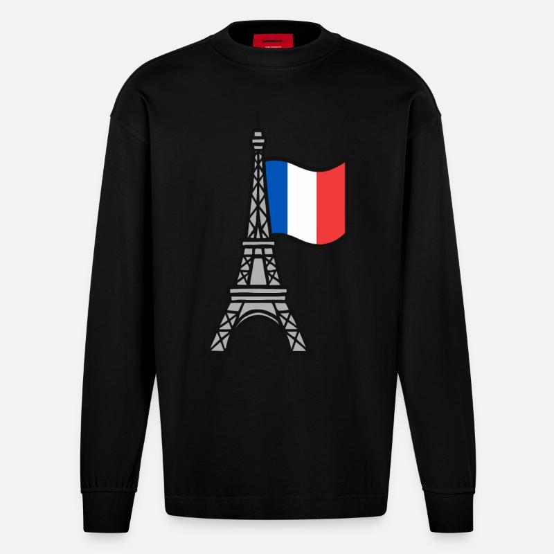 Tour Eiffel avec drapeau français - Manches longues bio épais oversize fabriqué en UE - SOLID BLACK