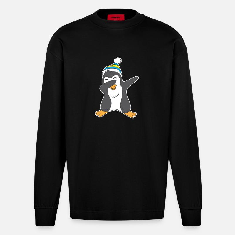 Pinguin Dab Pinguin Dabbing - Heavyweight Oversized Organic Langarmshirt Made in EU - SOLID BLACK