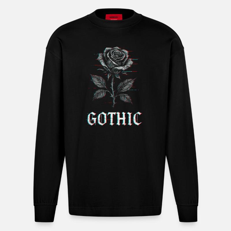 Gothic Rose mit Glitch Effekt - Heavyweight Oversized Organic Langarmshirt Made in EU - SOLID BLACK