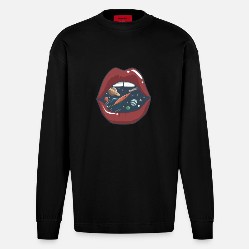 Embrasser la bouche dans l'espace - Manches longues bio épais oversize fabriqué en UE - SOLID BLACK