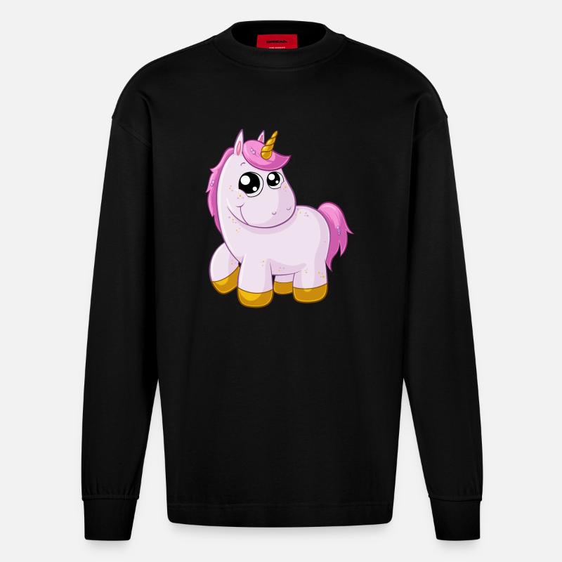 Pinkes Comic Einhorn - Heavyweight Oversized Organic Langarmshirt Made in EU - SOLID BLACK