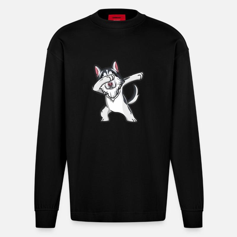 Husky dabbing - Heavyweight Oversized Organic Langarmshirt Made in EU - SOLID BLACK