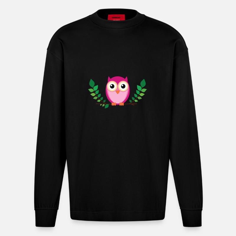 Kleine rosa Eule - Heavyweight Oversized Organic Langarmshirt Made in EU - SOLID BLACK