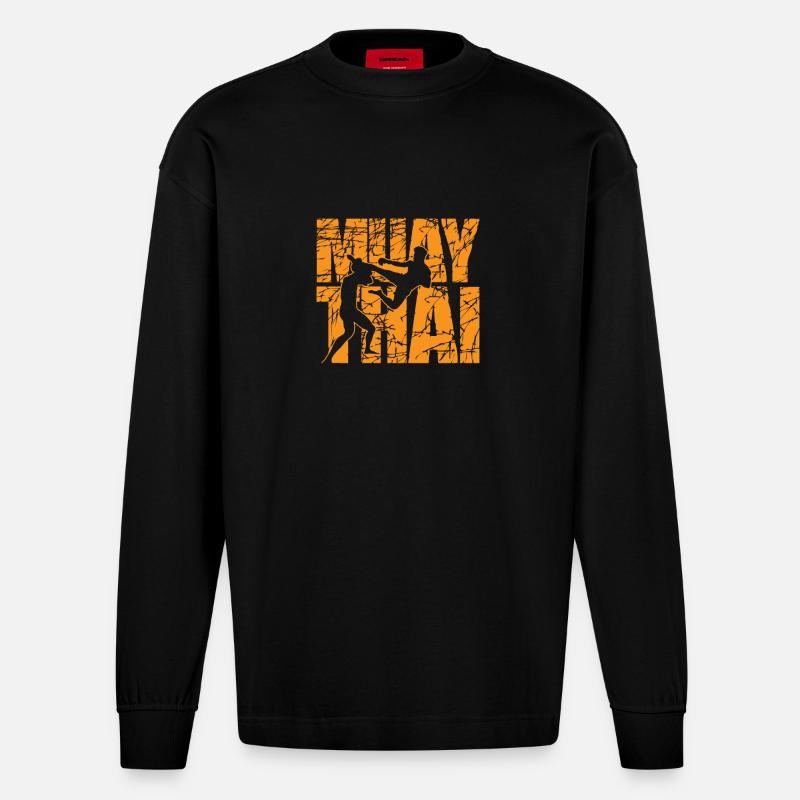 Muay Thai Kampf mit Stil - Heavyweight Oversized Organic Langarmshirt Made in EU - SOLID BLACK