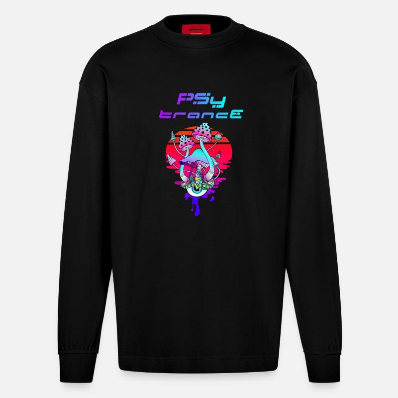 Psytrance Psychedelic Pilz Sunset - Heavyweight Oversized Organic Langarmshirt Made in EU - SOLID BLACK