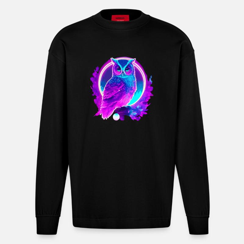Eule Neon Moon Synthwave - Heavyweight Oversized Organic Langarmshirt Made in EU - SOLID BLACK