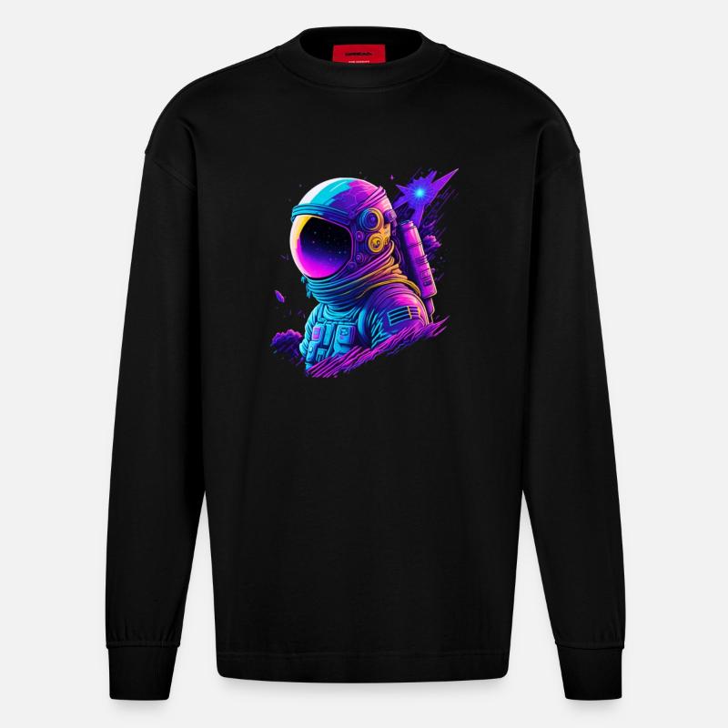 Synthwave Astronaute Space Explorer - Manches longues bio épais oversize fabriqué en UE - SOLID BLACK
