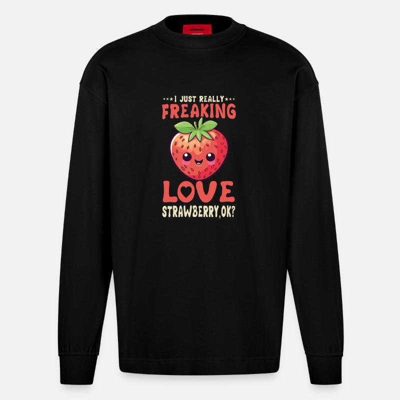 Erdbeere Kawaii - Heavyweight Oversized Organic Langarmshirt Made in EU - SOLID BLACK
