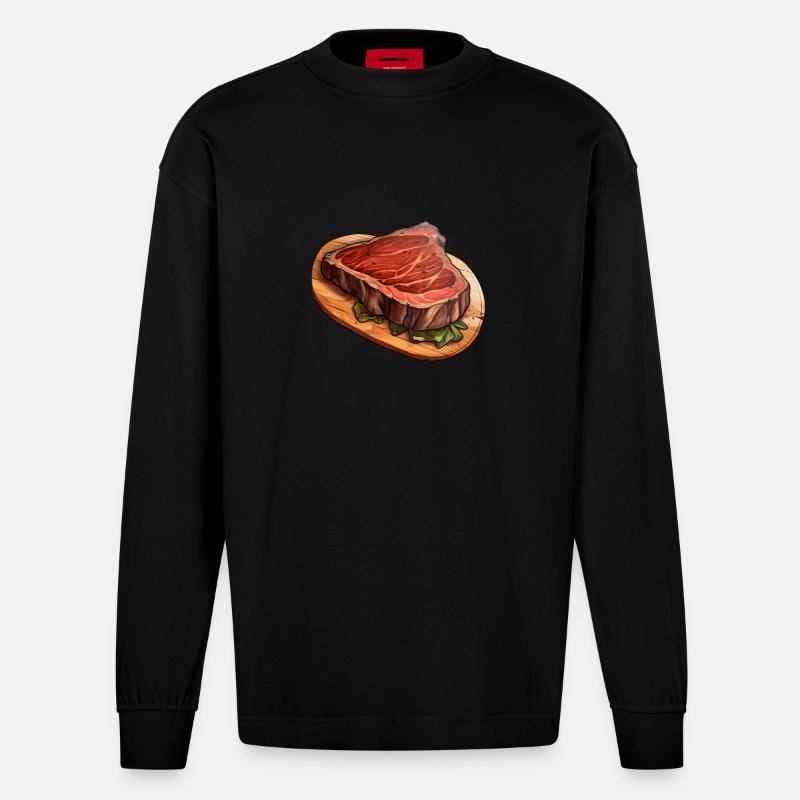 Steak Fleisch Essen - Heavyweight Oversized Organic Langarmshirt Made in EU - SOLID BLACK