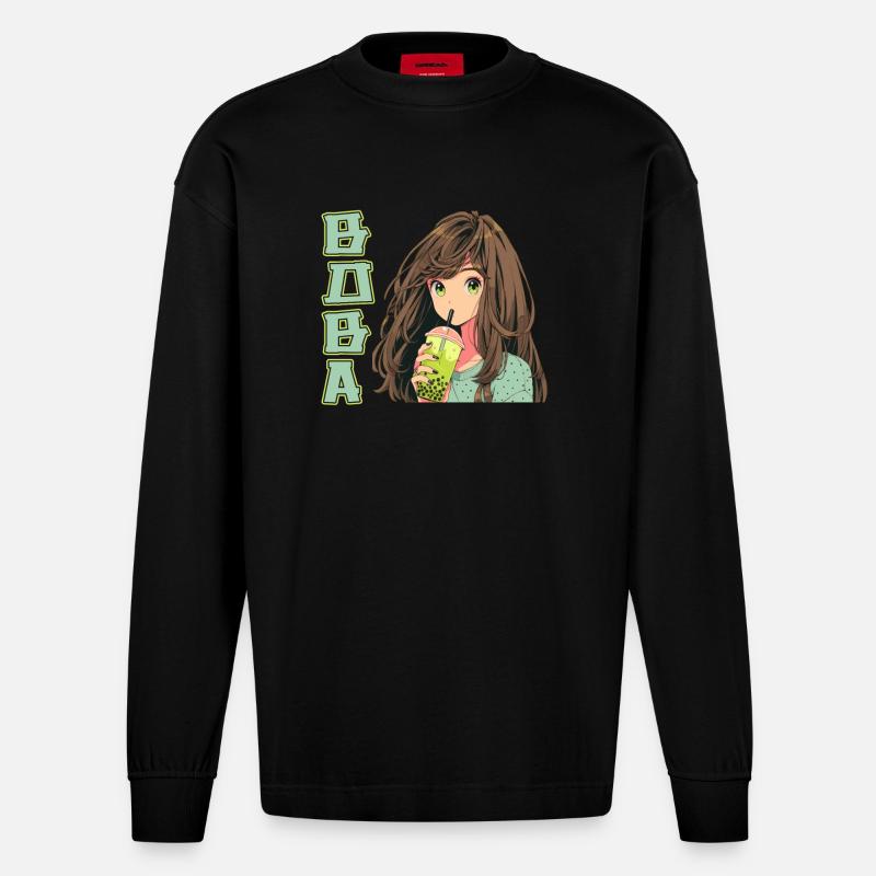 Anime and Boba Bubble Tea - Heavyweight Oversized Organic Langarmshirt Made in EU - SOLID BLACK