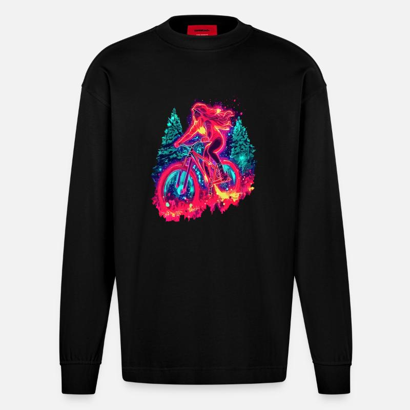 Synthwave Mountainbike Mädchen Waldfahrt - Heavyweight Oversized Organic Langarmshirt Made in EU - SOLID BLACK
