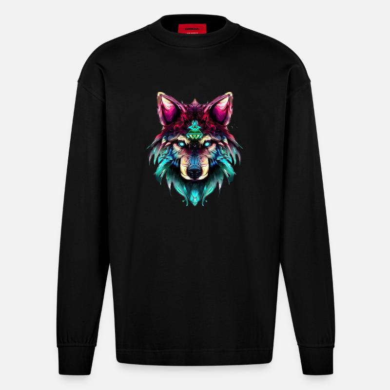 Mystischer Wolf Synthwave Wolfskopf - Heavyweight Oversized Organic Langarmshirt Made in EU - SOLID BLACK