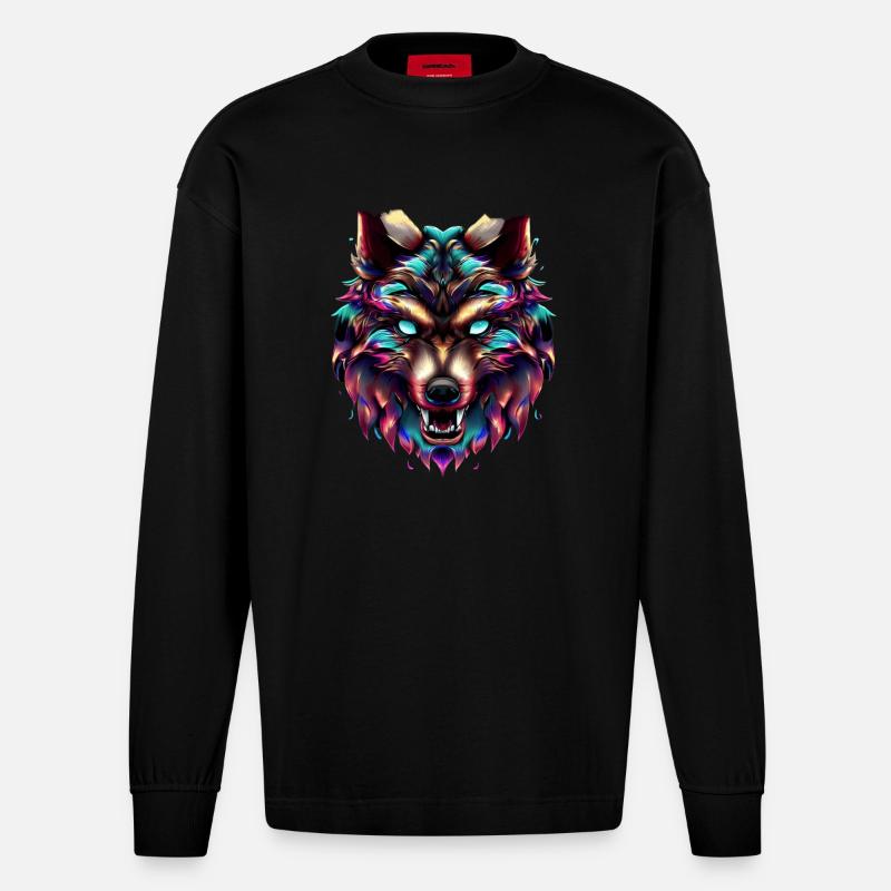 Wolf’s Head Synthwave Wolf - Manches longues bio épais oversize fabriqué en UE - SOLID BLACK