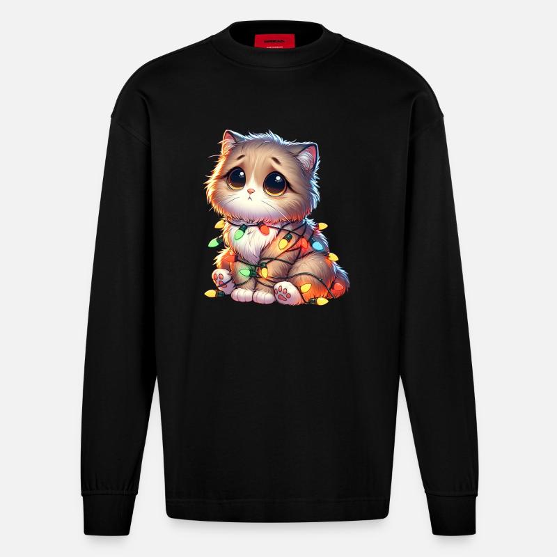 Chat de Noël mignon - Drôle - Manches longues bio épais oversize fabriqué en UE - SOLID BLACK