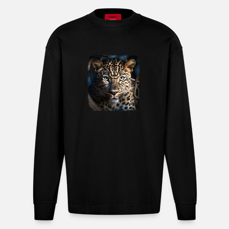 Leoparde realistic Leopard - Heavyweight Oversized Organic Langarmshirt Made in EU - SOLID BLACK