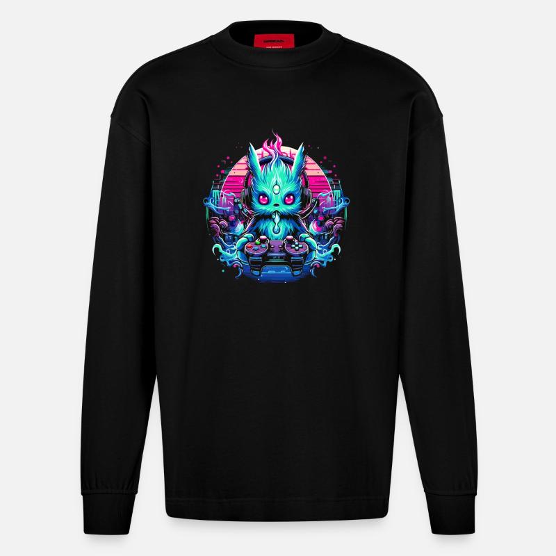 Synthwave Zocker Gaming Alien - Heavyweight Oversized Organic Langarmshirt Made in EU - SOLID BLACK