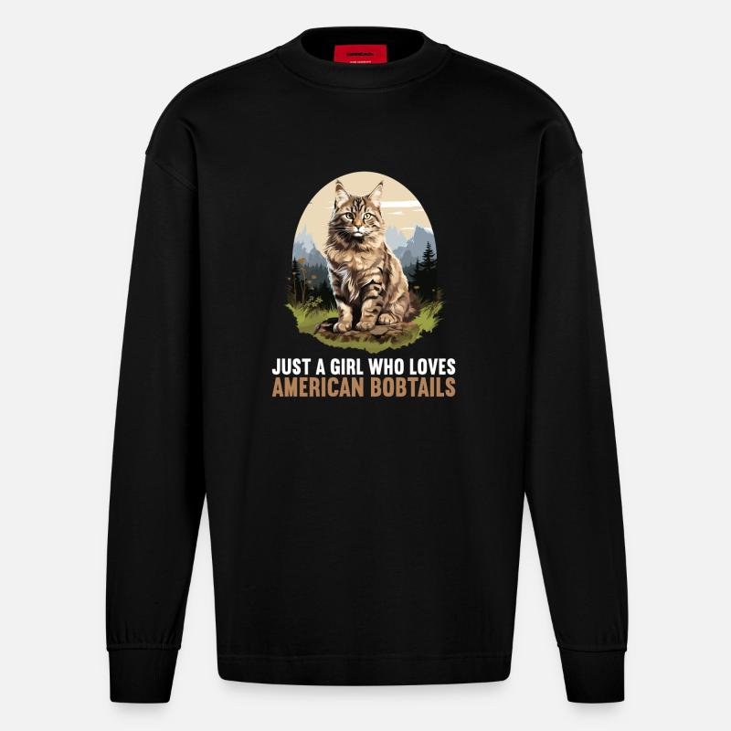 Cat Katzen American Bobtail - Heavyweight Oversized Organic Langarmshirt Made in EU - SOLID BLACK