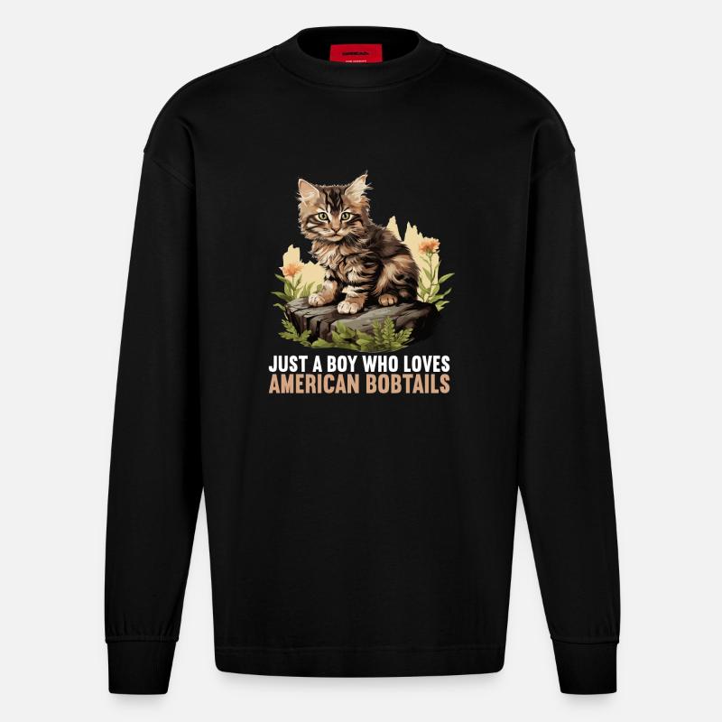 Cat Katzen American Bobtail - Heavyweight Oversized Organic Langarmshirt Made in EU - SOLID BLACK