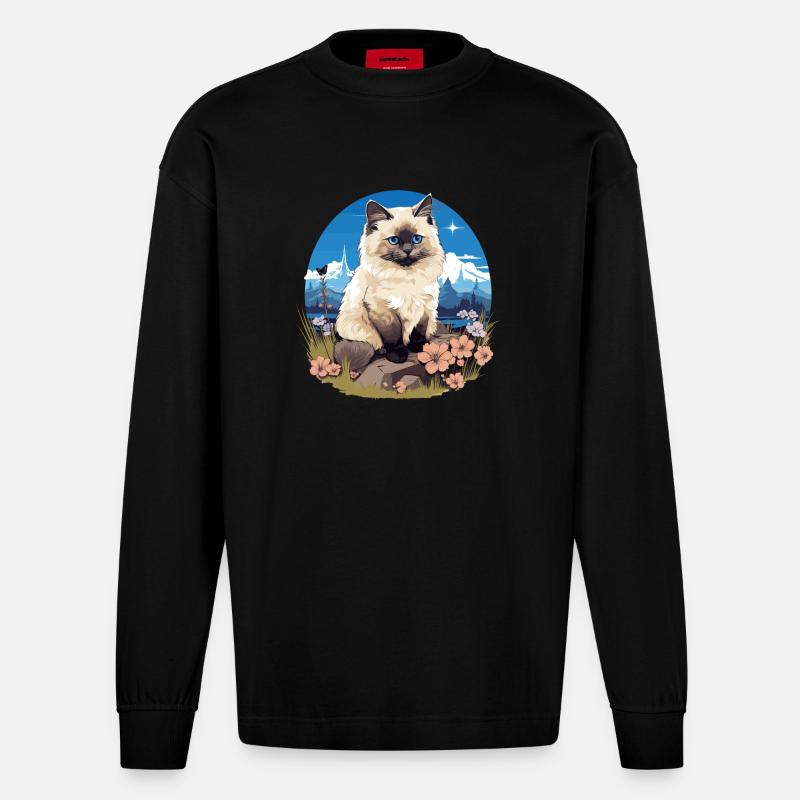 Birman Cat Birma Katze - Heavyweight Oversized Organic Langarmshirt Made in EU - SOLID BLACK
