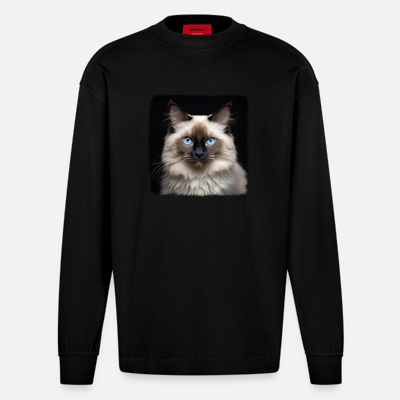 Birman Cat Birma Katze - Heavyweight Oversized Organic Langarmshirt Made in EU - SOLID BLACK