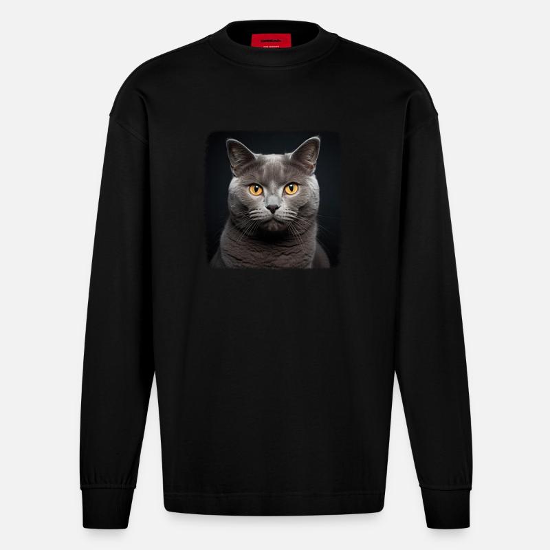 Chartreux Cat Kartäuser Katze - Heavyweight Oversized Organic Langarmshirt Made in EU - SOLID BLACK